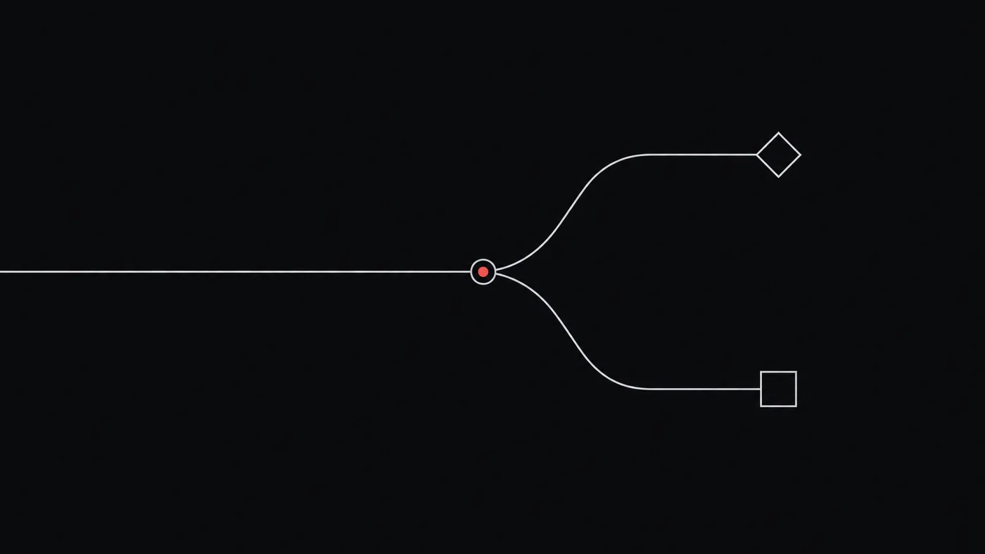 Uma linha que se divide em dois caminhos, um terminando em um losango e outro em um quadrado, com um ponto vermelho no ponto da divisão.
