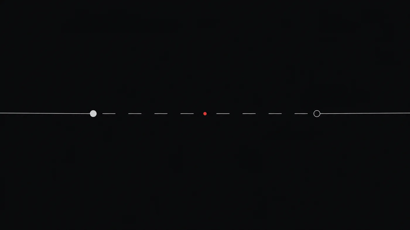 Dois pontos ligados por uma linha que se transforma em traços espaçados, com um ponto vermelho no meio do intervalo.